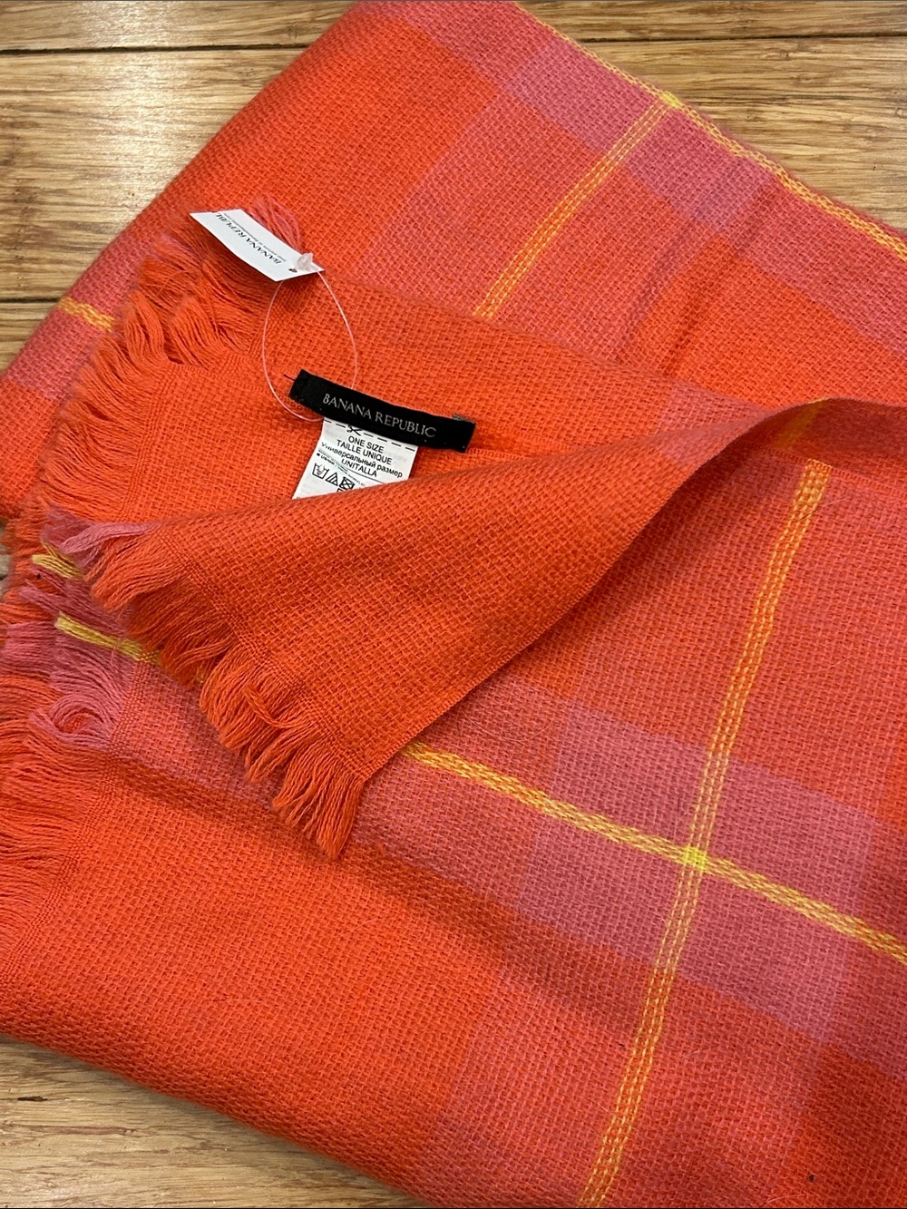 Banana Republic Orange and Pink Plaid Fringe Scarf 37” x 83”